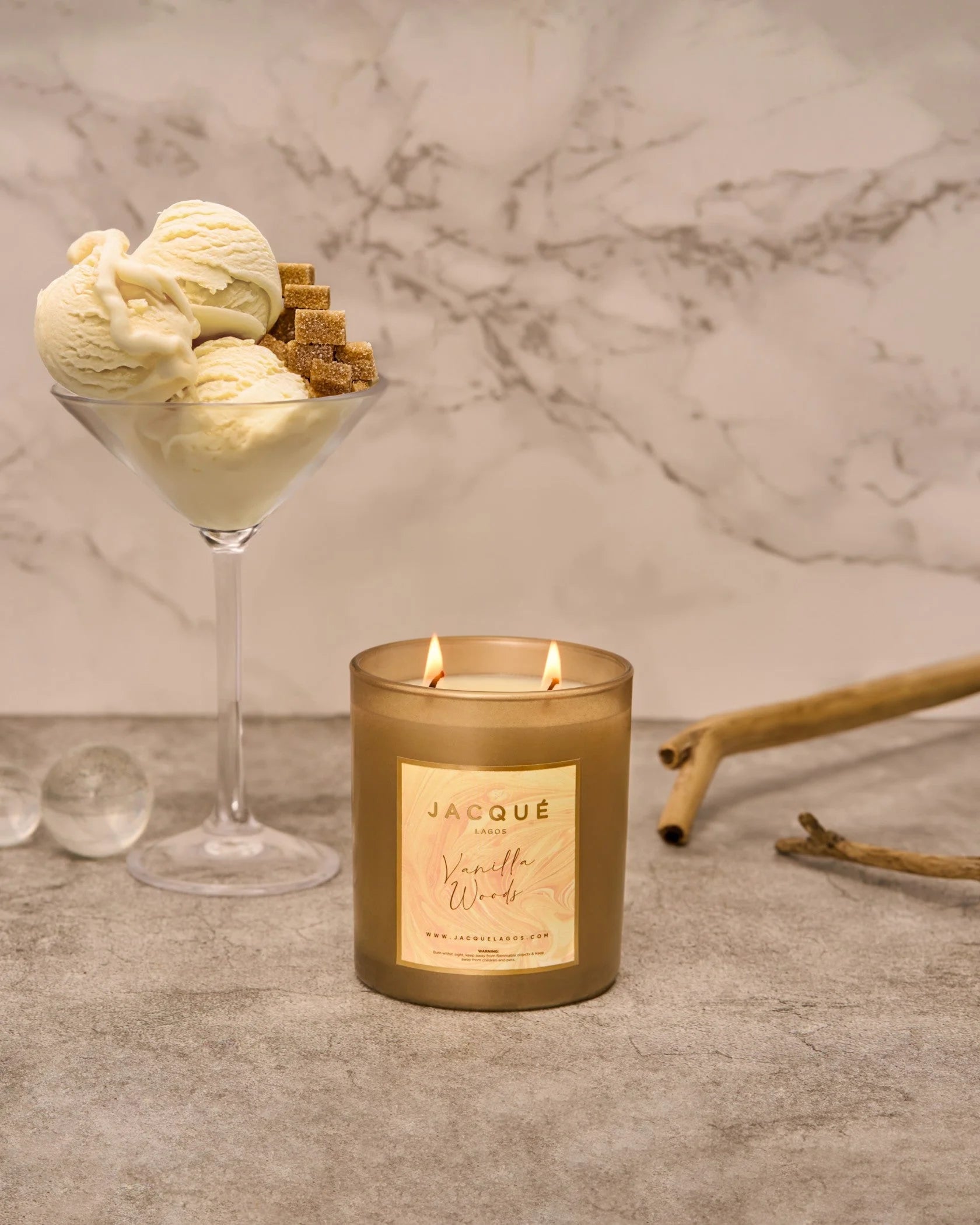 Vanilla wood candle lit